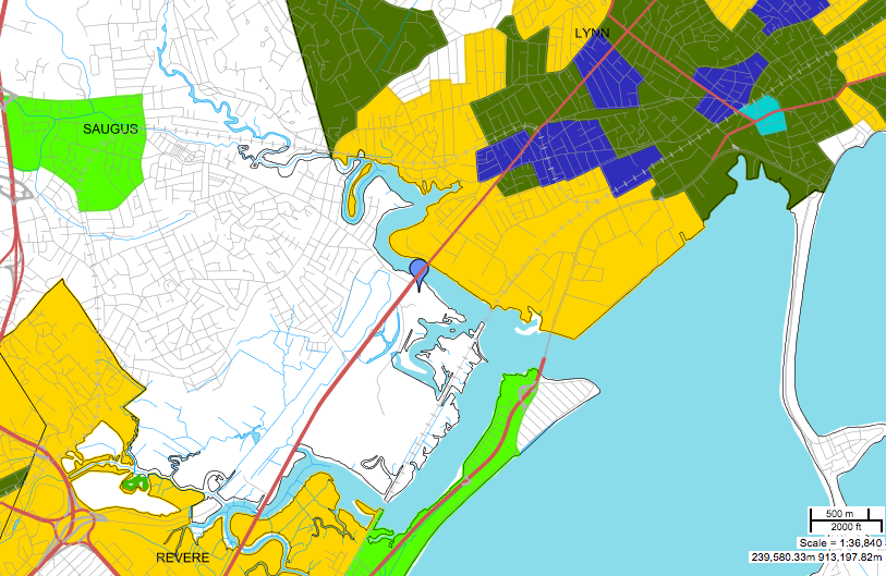 A map of the areas of environmental justice near Wheelabrator Saugus. It shows several EJ areas near the facility