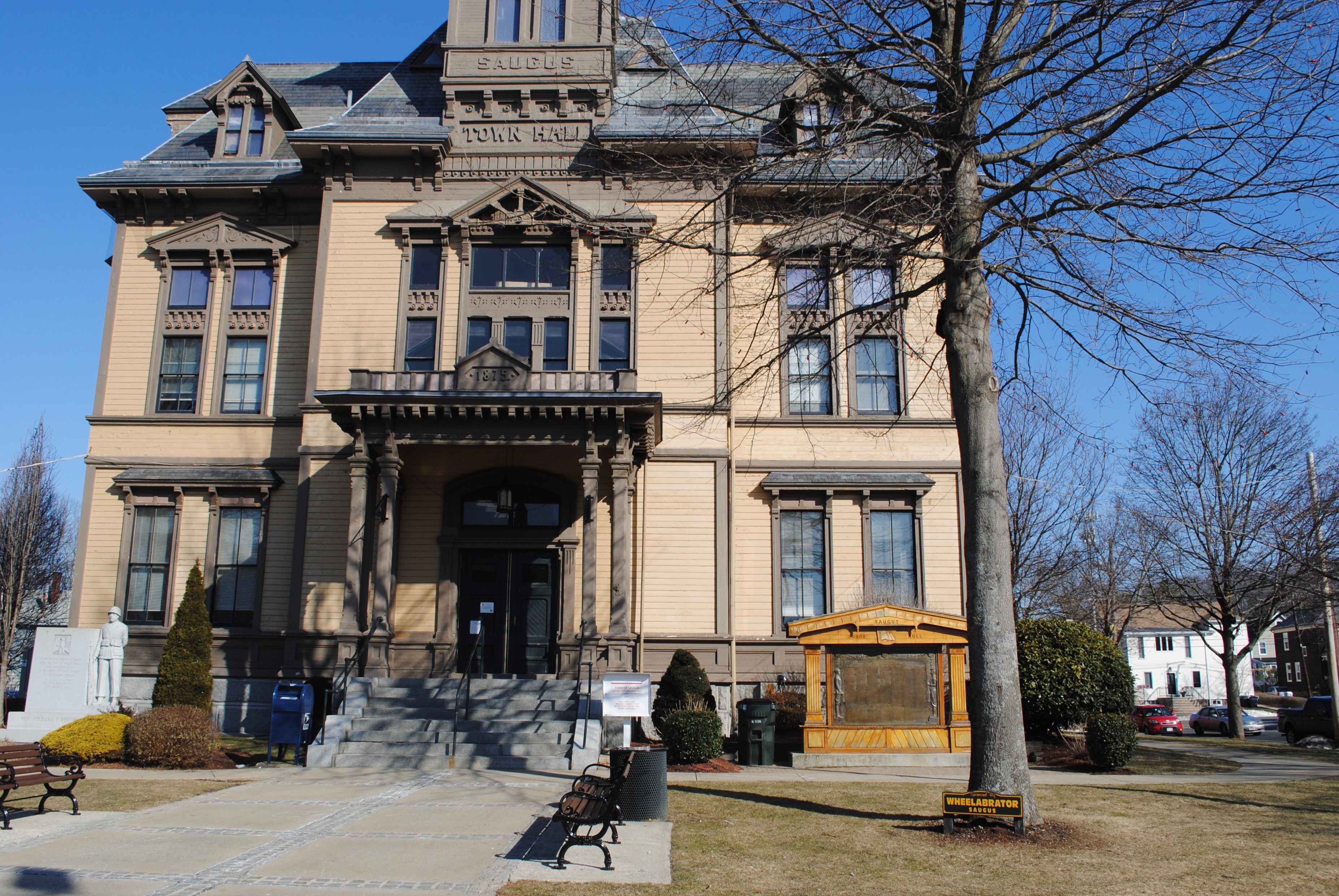 Saugus Town Hall with a sign in front that says sponsored by Wheelabrator